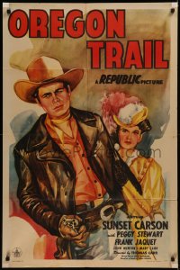 6h1204 OREGON TRAIL 1sh 1945 best artwork of cowboy Sunset Carson with Peggy Stewart!