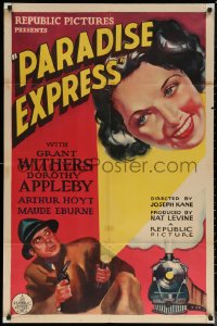 6h1215 PARADISE EXPRESS 1sh 1937 great art of Grant Withers & Dorothy Appleby by train, ultra rare!