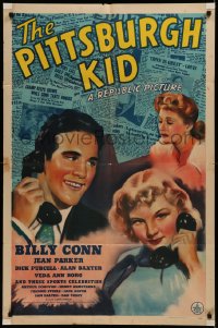 6h1232 PITTSBURGH KID 1sh 1941 art of boxer Billy Conn & Jean Parker w/phones & newspapers!