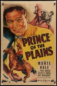 6h1255 PRINCE OF THE PLAINS 1sh 1949 art of cowboy Monte Hale close up & riding his horse!
