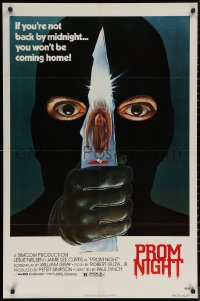 6h1259 PROM NIGHT 1sh 1980 Jamie Lee Curtis won't be coming home, wild horror art!