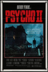 6h1260 PSYCHO II 1sh 1983 Anthony Perkins as Norman Bates, cool creepy image of classic house!