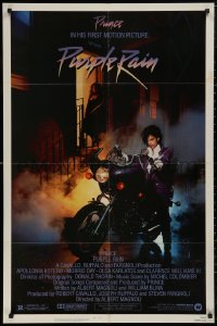 6h1261 PURPLE RAIN 1sh 1984 great image of Prince riding motorcycle, in his first motion picture!