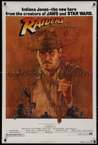 6h1267 RAIDERS OF THE LOST ARK 1sh 1981 great art of adventurer Harrison Ford by Richard Amsel