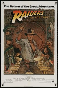 6h1268 RAIDERS OF THE LOST ARK 1sh R1980s great Richard Amsel art of adventurer Harrison Ford!