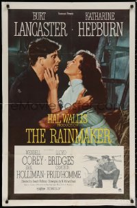 6h1270 RAINMAKER 1sh 1956 great romantic close up of Burt Lancaster & Katharine Hepburn!