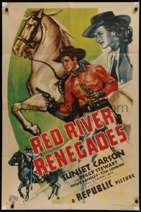 6h1276 RED RIVER RENEGADES 1sh 1946 great art of cowboy Sunset Carson & Peggy Stewart!