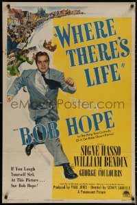 6h1518 WHERE THERE'S LIFE 1sh 1947 wacky art of Bob Hope being chased by angry mob!