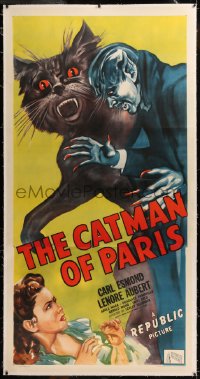 6j0013 CATMAN OF PARIS linen 3sh 1946 really cool horror art of feline monster attacking sexy girl!