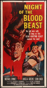 6j0018 NIGHT OF THE BLOOD BEAST linen 3sh 1958 art of sexy girl & monster hand holding severed head!