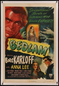 6j0071 BEDLAM linen 1sh 1946 art of madman Boris Karloff, secrets of an infamous madhouse, Val Lewton