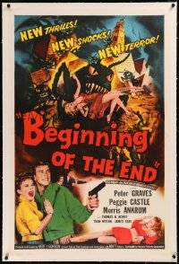 6j0072 BEGINNING OF THE END linen 1sh 1957 Peter Graves & Peggie Castle, giant grasshopper sci-fi!