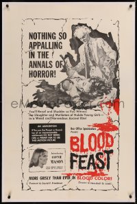 6j0074 BLOOD FEAST linen 1sh 1963 Herschell Gordon Lewis classic, Connie Mason, great horror art!