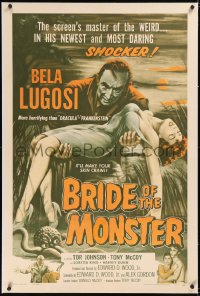 6j0078 BRIDE OF THE MONSTER linen 1sh 1956 Ed Wood, cool art of Bela Lugosi carrying sexy girl, rare!