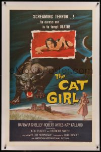 6j0083 CAT GIRL linen 1sh 1957 cool black panther & sexy girl art, to caress her is to tempt DEATH!