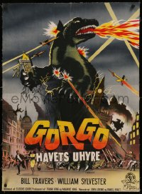 6j0026 GORGO linen Danish 1962 great different Toft artwork of giant monster terrorizing city, rare!