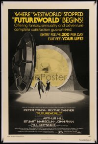 6j0105 FUTUREWORLD linen style B 1sh 1976 different art of Peter Fonda & Blythe Danner escaping!
