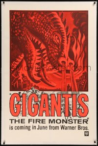 6j0108 GIGANTIS THE FIRE MONSTER linen teaser 1sh 1959 cool art of renamed Godzilla breathing flames!