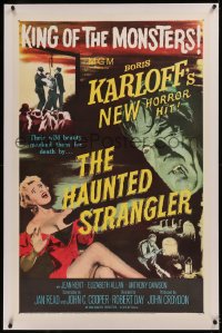 6j0111 HAUNTED STRANGLER linen 1sh 1958 creepy Boris Karloff marked their death by their wild beauty!