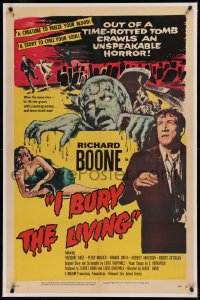 6j0116 I BURY THE LIVING linen 1sh 1958 out of a time-rotted tomb crawls an unspeakable horror!