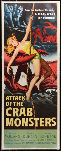 6j0031 ATTACK OF THE CRAB MONSTERS linen insert 1957 Roger Corman, art of sexy girl grabbed by beast!