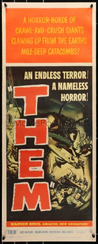 6j0038 THEM linen insert 1954 classic art of nameless horror horde of giant bugs terrorizing people!