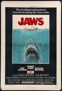 6j0120 JAWS linen 1sh 1975 Roger Kastel art of Spielberg's man-eating shark attacking sexy swimmer!