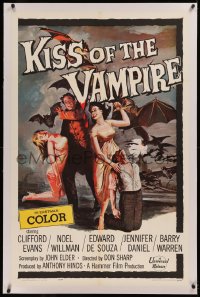 6j0122 KISS OF THE VAMPIRE linen 1sh 1963 Hammer, cool art of devil bats attacking by Joseph Smith!