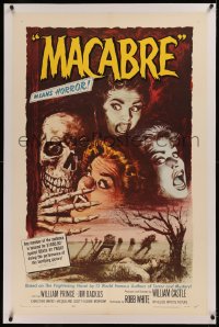 6j0123 MACABRE linen 1sh 1958 William Castle, Besser art of skeleton & screaming girls in graveyard!