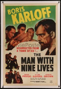 6j0124 MAN WITH NINE LIVES linen 1sh R1947 Boris Karloff resurrected from tomb of ice, very rare!