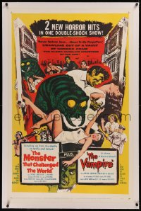 6j0127 MONSTER THAT CHALLENGED THE WORLD/VAMPIRE linen 1sh 1957 two horror hits, a double-shock show!