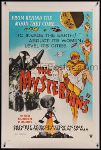 6j0130 MYSTERIANS linen 1sh 1959 they're abducting Earth's women & leveling its cities, RKO printing!