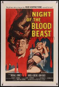 6j0131 NIGHT OF THE BLOOD BEAST linen 1sh 1958 art of sexy girl & monster hand holding severed head!