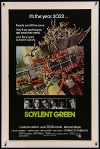 6j0149 SOYLENT GREEN linen 1sh 1973 Heston trying to escape riot control in the year 2022 by Solie!