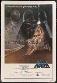 6j0151 STAR WARS linen 4th printing 1sh 1977 A New Hope, classic Jung art of Vader over Luke & Leia!