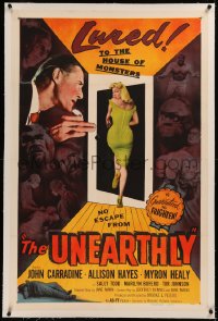 6j0157 UNEARTHLY linen 1sh 1957 John Carradine, sexy Sally Todd is lured to the house of monsters!