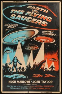 6k0003 EARTH VS. THE FLYING SAUCERS 40x60 1956 Ray Harryhausen classic, cool art of UFOs & aliens!