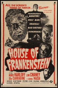 6k0107 HOUSE OF FRANKENSTEIN military 1sh R1960s different images of top monster cast, ultra rare!