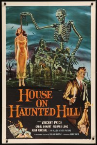 6k0109 HOUSE ON HAUNTED HILL 1sh 1959 classic art of Vincent Price & skeleton with hanging girl!