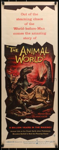 6k0173 ANIMAL WORLD insert 1956 great Rehberger artwork of prehistoric dinosaurs & erupting volcano!