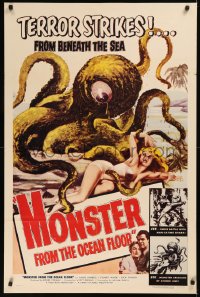 6k0119 MONSTER FROM THE OCEAN FLOOR 1sh 1954 cool art of the octopus beast attacking sexy girl!