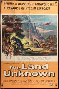6k0051 LAND UNKNOWN brochure poster 1957 great art of dinosaurs, unfolds to 27x41 poster, very rare!