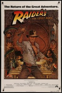 6k0123 RAIDERS OF THE LOST ARK 1sh R1982 great Richard Amsel art of adventurer Harrison Ford!