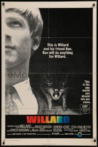 6k0135 WILLARD 1sh 1971 creepy close up of Bruce Davison with pet rat on shoulder!