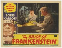 6m0063 BRIDE OF FRANKENSTEIN LC R1953 close up of Colin Clive & Ernest Thesiger in laboratory!
