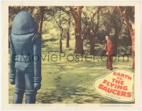 6m0096 EARTH VS. THE FLYING SAUCERS LC 1956 huge alien robot stares down man standing in park!