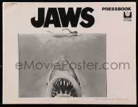 6p0727 JAWS pressbook 1975 art of Steven Spielberg's classic man-eating shark attacking sexy swimmer!