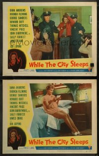 6r1274 WHILE THE CITY SLEEPS 2 LCs 1956 Fritz Lang noir, Howard Duff, Rhonda Fleming!