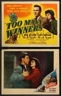 6r0869 TOO MANY WINNERS 8 LCs 1947 c/u of Hugh Beaumont as detective Michael Shayne & Trudy Marshall