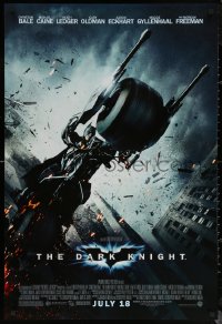 6s0981 DARK KNIGHT advance DS 1sh 2008 cool image of Christian Bale as Batman on Batpod bat bike!